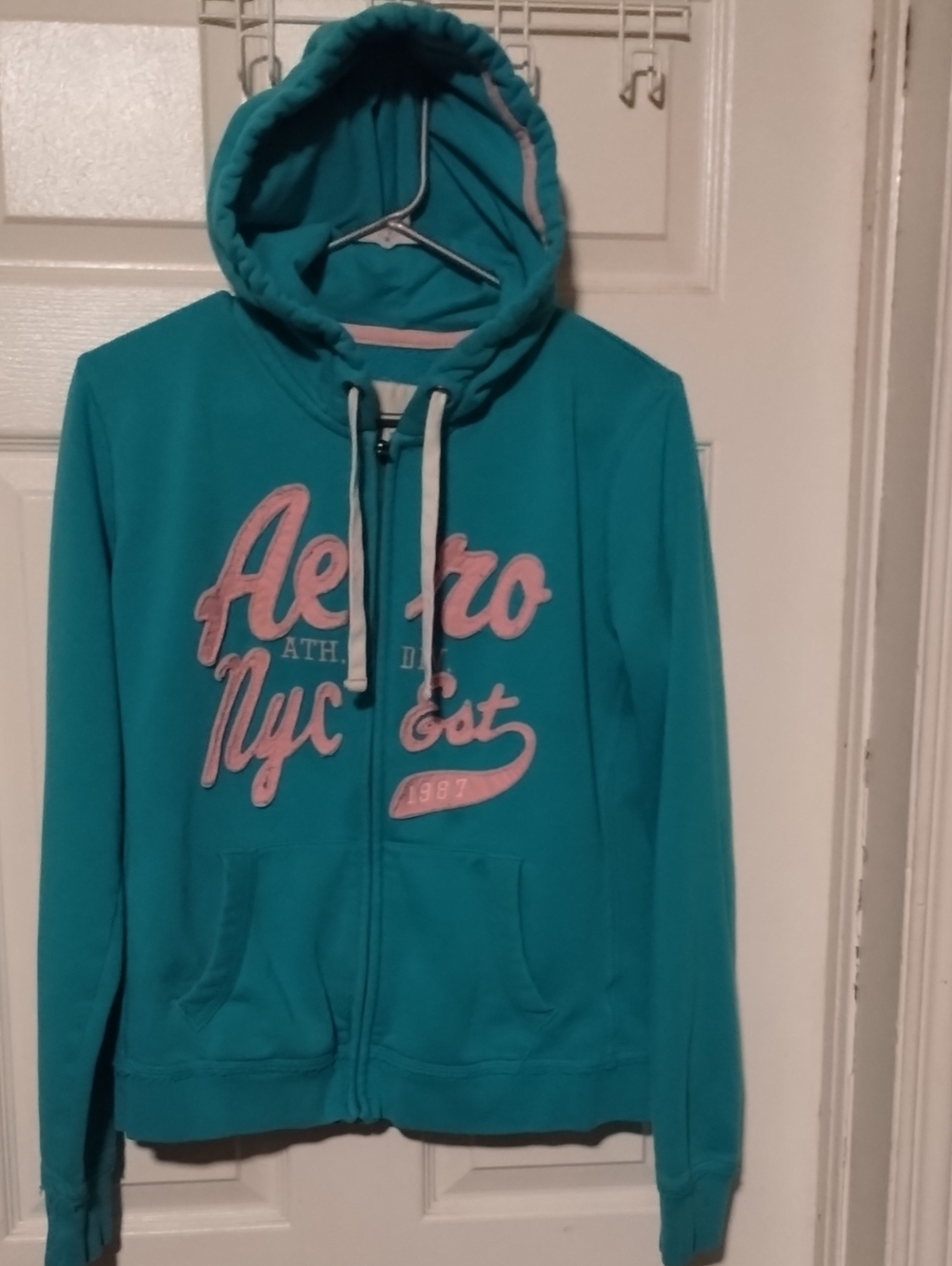 Aeropostale Teal Hoodie with Pink Script Logo Size L